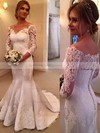 Trumpet/Mermaid Off-the-shoulder Satin Tulle Appliques Lace Sweep Train 3/4 Sleeve Modest Wedding Dresses #PDS00022661