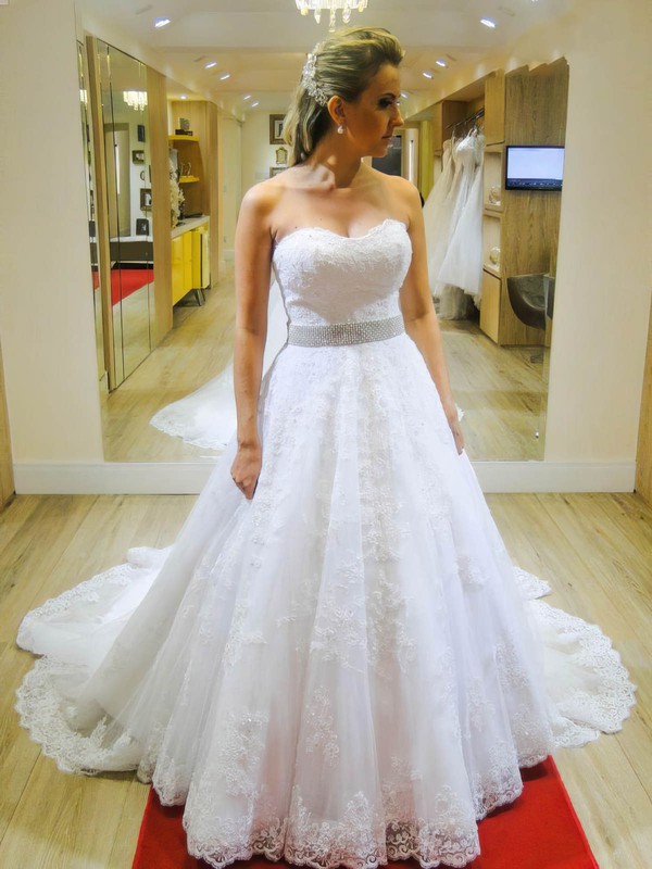 Graceful A-line Sweetheart Tulle with Appliques Lace Chapel Train Wedding Dresses #PDS00022663