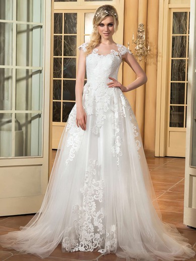 Perfect A-line Scoop Neck Tulle Appliques Lace Sweep Train Cap Straps Wedding Dresses #PDS00022665