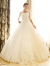 Ball Gown Scoop Neck Tulle Appliques Lace Chapel Train 1/2 Sleeve Backless Popular Wedding Dresses #PDS00022670