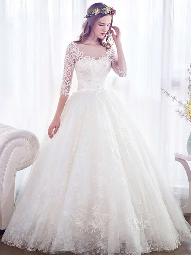 Trendy Ball Gown Scoop Neck Lace Tulle Appliques Lace Floor-length 3/4 Sleeve Wedding Dresses #PDS00022671