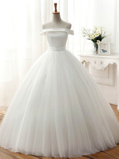 Original Ball Gown Off-the-shoulder Tulle Sashes / Ribbons Floor-length Wedding Dresses #PDS00022672