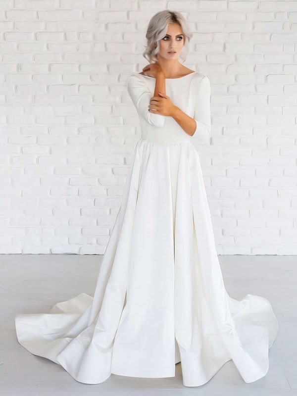 A-line Scoop Neck Satin Ruffles Sweep Train Long Sleeve Backless Simple Wedding Dresses #PDS00022674