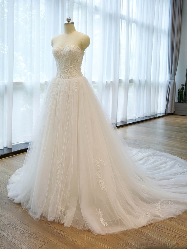 Affordable A-line Sweetheart Tulle with Beading Chapel Train Wedding Dresses #PDS00022676