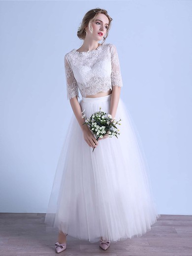 A-line Scoop Neck Tulle Appliques Lace Ankle-length 1/2 Sleeve Two Piece Exclusive Wedding Dresses #PDS00022679