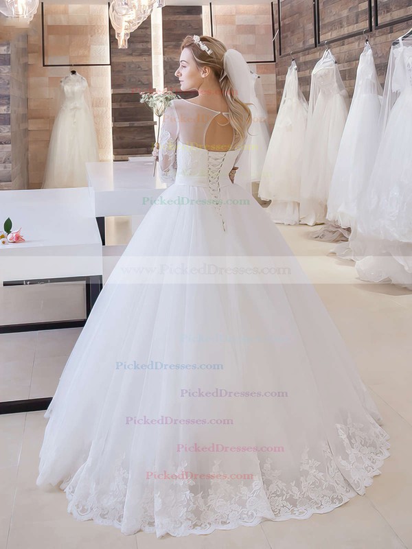 Online Ball Gown Scoop Neck Tulle Appliques Lace Floor-length 1/2 Sleeve Wedding Dresses #PDS00022680