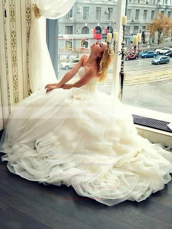 New Style Princess V-neck Organza with Sashes / Ribbons Court Train Wedding Dresses #PDS00022683