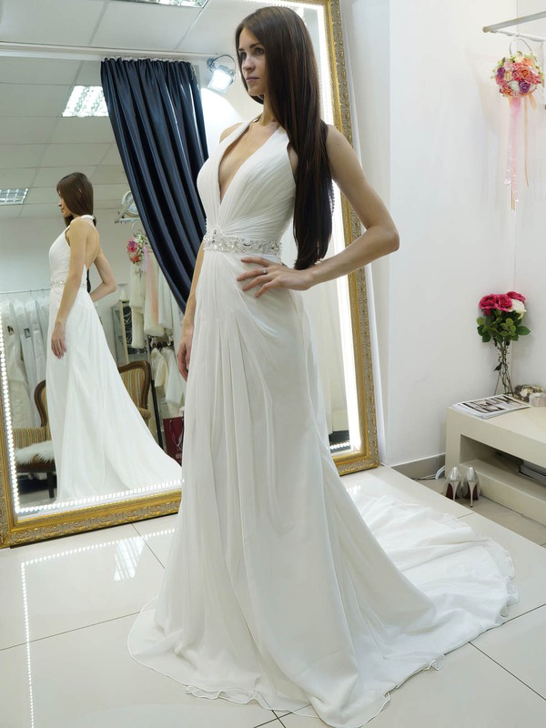 A-line Halter Chiffon Beading Court Train Backless Wholesale Wedding Dresses #PDS00022684