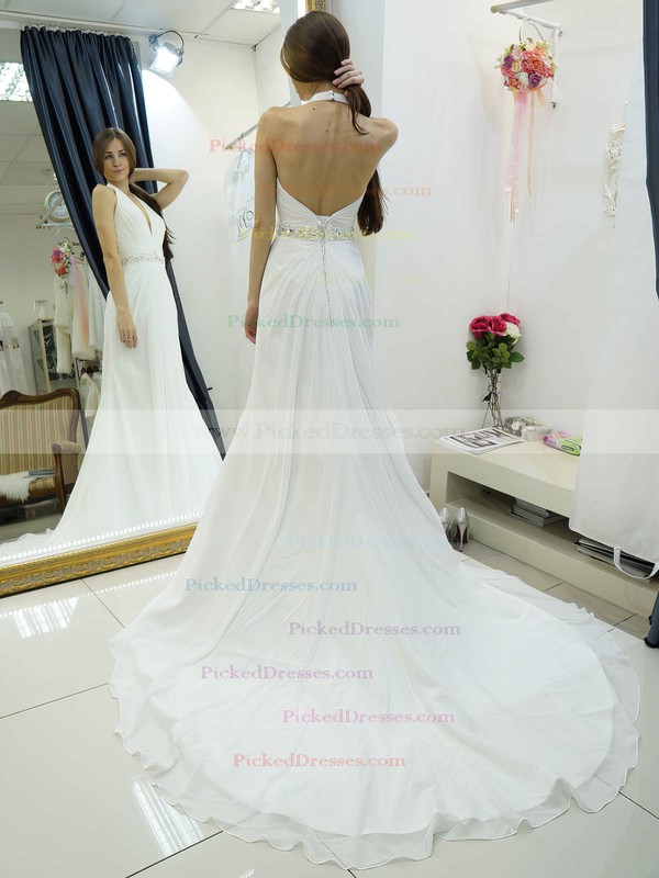 A-line Halter Chiffon Beading Court Train Backless Wholesale Wedding Dresses #PDS00022684