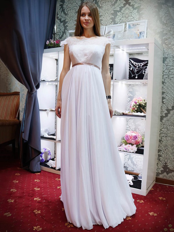 A-line Scalloped Neck Lace Chiffon Sashes / Ribbons Floor-length Backless Promotion Wedding Dresses #PDS00022685