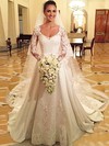 Vintage A-line V-neck Satin Tulle Appliques Lace Court Train Long Sleeve Wedding Dresses #PDS00022686