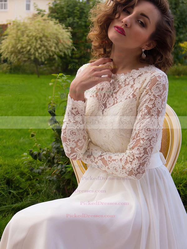 A-line Scoop Neck Lace Chiffon Sashes / Ribbons Sweep Train Long Sleeve Latest Wedding Dresses #PDS00022687