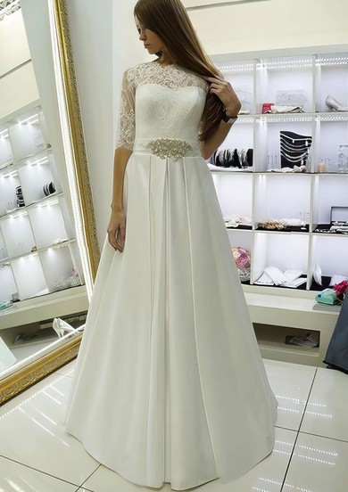 A-line Scalloped Neck Satin Lace Sashes / Ribbons Floor-length 1/2 Sleeve Elegant Wedding Dresses #PDS00022688