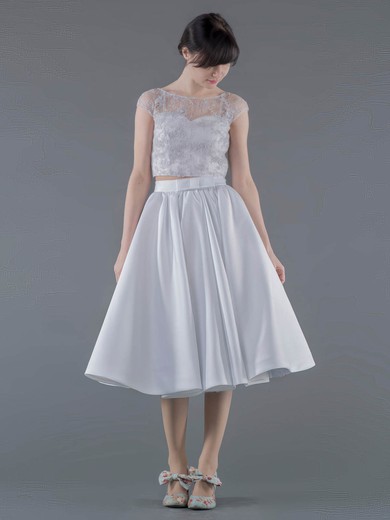 A-line Scoop Neck Lace Satin Appliques Lace Tea-length Two Piece New Arrival Wedding Dresses #PDS00022692