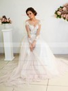 A-line Scoop Neck Tulle Appliques Lace Sweep Train Long Sleeve Unique Wedding Dresses #PDS00022698