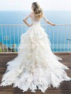Classy A-line Off-the-shoulder Tulle Lace Cascading Ruffles Court Train 1/2 Sleeve Wedding Dresses #PDS00022700