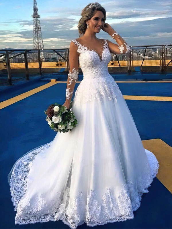 A-line Scoop Neck Tulle Appliques Lace Court Train Long Sleeve Beautiful Wedding Dresses #PDS00022701