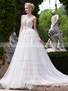 A-line Scoop Neck Tulle Appliques Lace Court Train Backless New Style Wedding Dresses #PDS00022705