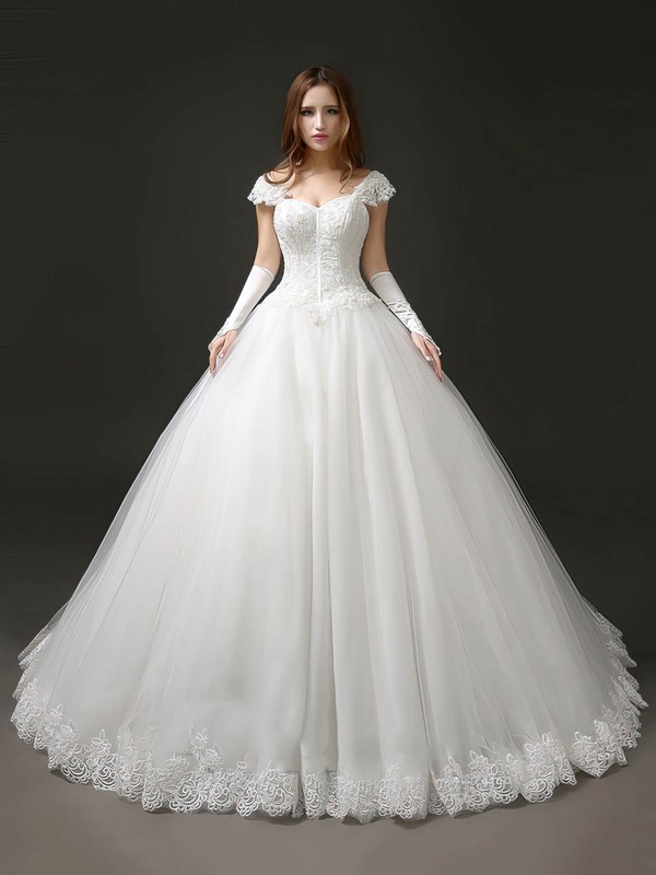 Glamorous Princess Sweetheart Tulle with Appliques Lace Chapel Train Wedding Dresses #PDS00022706
