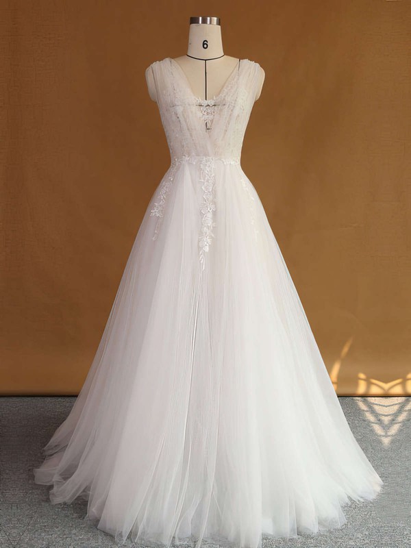 Original A-line V-neck Tulle with Appliques Lace Sweep Train Backless Wedding Dresses #PDS00022707
