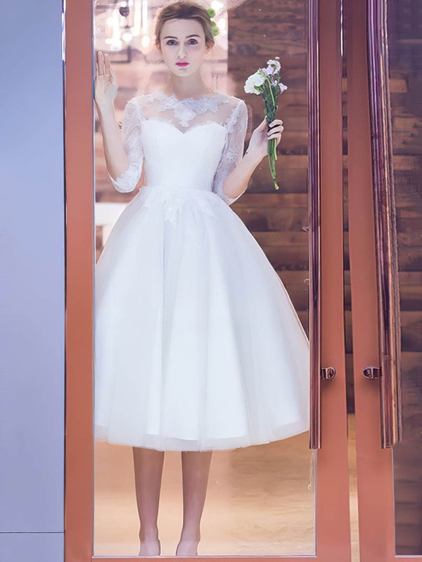 A-line Scoop Neck Tulle Appliques Lace Tea-length 1/2 Sleeve Pretty Wedding Dresses #PDS00022708