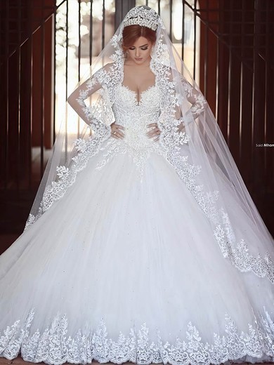Ball Gown V-neck Tulle Appliques Lace Chapel Train Long Sleeve Glamorous Wedding Dresses #PDS00022710