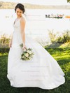 Inexpensive A-line V-neck Taffeta with Lace Sweep Train Wedding Dresses #PDS00022721