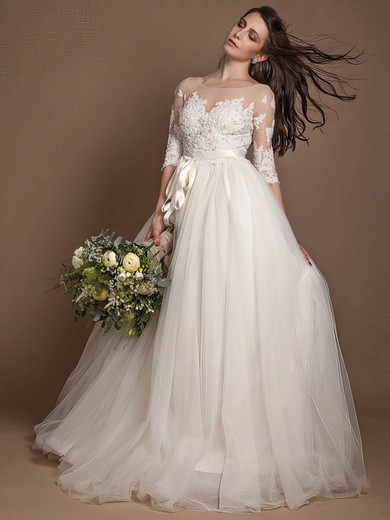 Princess Scoop Neck Tulle Appliques Lace Floor-length 1/2 Sleeve New Wedding Dresses #PDS00022723