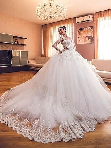Ball Gown Scoop Neck Tulle Appliques Lace Chapel Train Long Sleeve New Arrival Wedding Dresses #PDS00022727
