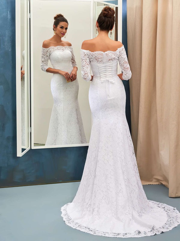 Top Trumpet/Mermaid Off-the-shoulder Lace Sweep Train 3/4 Sleeve Wedding Dresses #PDS00022733