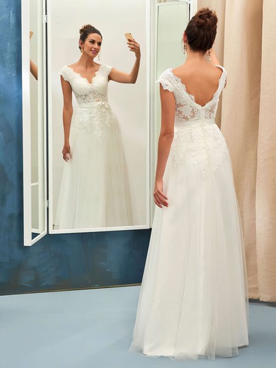 A-line V-neck Tulle with Appliques Lace Floor-length Backless Nice Wedding Dresses #PDS00022734