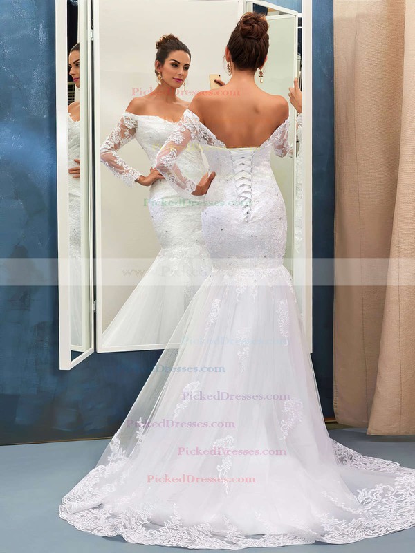 Nicest Trumpet/Mermaid Off-the-shoulder Tulle Appliques Lace Sweep Train Long Sleeve Wedding Dresses #PDS00022735