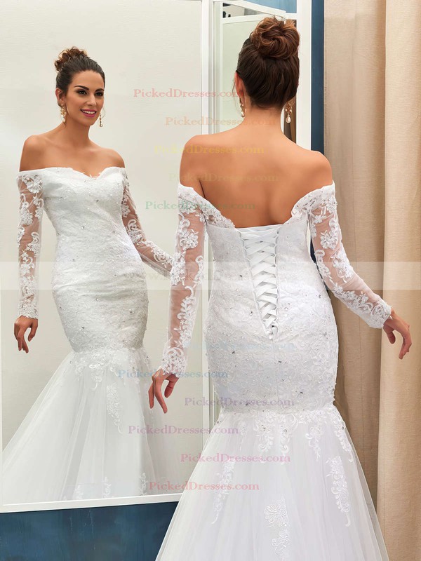 Nicest Trumpet/Mermaid Off-the-shoulder Tulle Appliques Lace Sweep Train Long Sleeve Wedding Dresses #PDS00022735