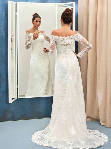 Sheath/Column Off-the-shoulder Tulle Appliques Lace Sweep Train Long Sleeve Great Wedding Dresses #PDS00022736