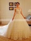 Ball Gown Scoop Neck Tulle Appliques Lace Chapel Train Open Back Sparkly Wedding Dresses #PDS00022738