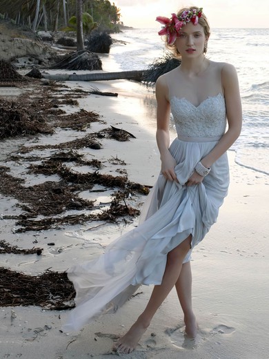 Modern A-line Scoop Neck Tulle Chiffon Appliques Lace Floor-length Wedding Dresses #PDS00022739