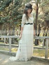A-line Scoop Neck Lace Sashes / Ribbons Sweep Train 1/2 Sleeve Fashion Wedding Dresses #PDS00022748