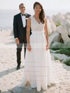 Graceful A-line V-neck Lace Chiffon Ruffles Floor-length Backless Wedding Dresses #PDS00022749