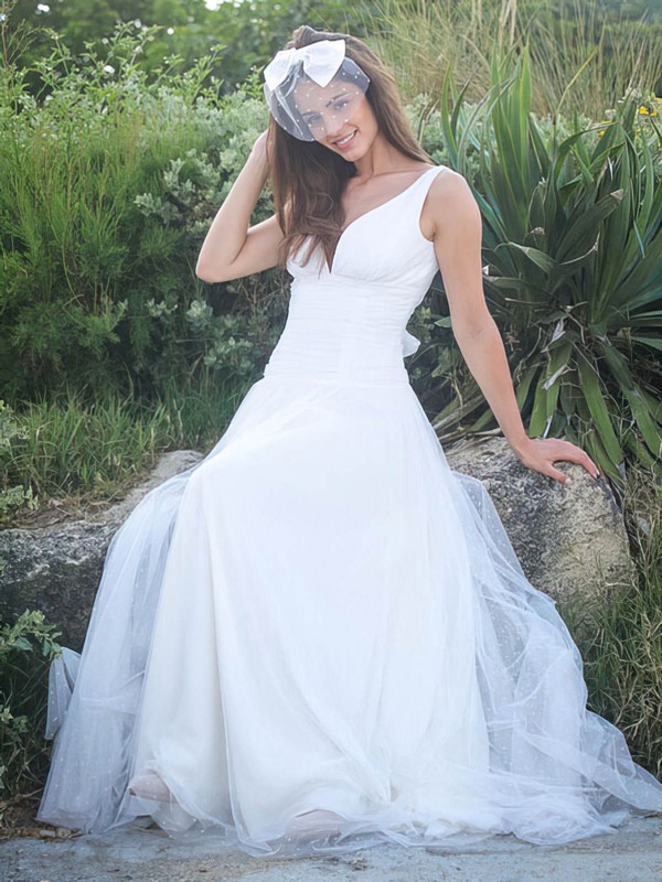 Simple A-line V-neck Tulle with Ruffles Sweep Train Backless Wedding Dresses #PDS00022750