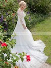 Elegant Trumpet/Mermaid Scoop Neck Tulle Appliques Lace Court Train 3/4 Sleeve Wedding Dresses #PDS00022754