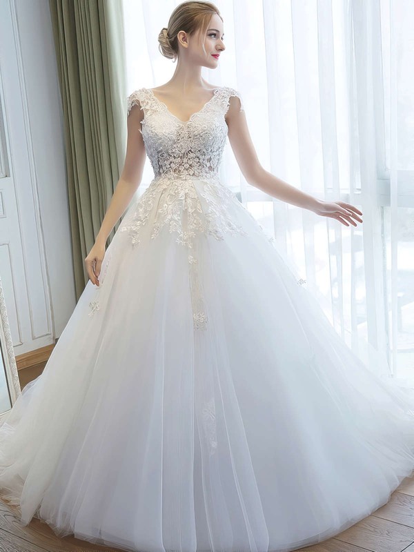 Fabulous Ball Gown V-neck Tulle Appliques Lace Court Train Backless Wedding Dresses #PDS00022757