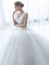 Fabulous Ball Gown V-neck Tulle Appliques Lace Court Train Backless Wedding Dresses #PDS00022757