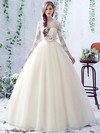 Ball Gown Scalloped Neck Tulle Appliques Lace Floor-length 3/4 Sleeve Open Back Sweet Wedding Dresses #PDS00022758