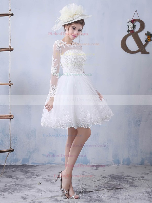 Pretty A-line Scoop Neck Tulle Appliques Lace Short/Mini Long Sleeve Wedding Dresses #PDS00022759