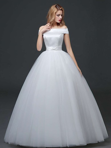 Elegant Ball Gown Off-the-shoulder Satin Tulle Sashes / Ribbons Floor-length Lace-up Wedding Dresses #PDS00022760