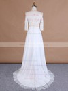Custom A-line Off-the-shoulder Chiffon Tulle Appliques Lace Sweep Train 3/4 Sleeve Two Piece Wedding Dresses #PDS00022762