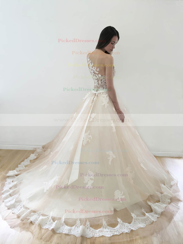 Affordable Ball Gown Sweetheart Tulle Appliques Lace Court Train Wedding Dresses #PDS00022773