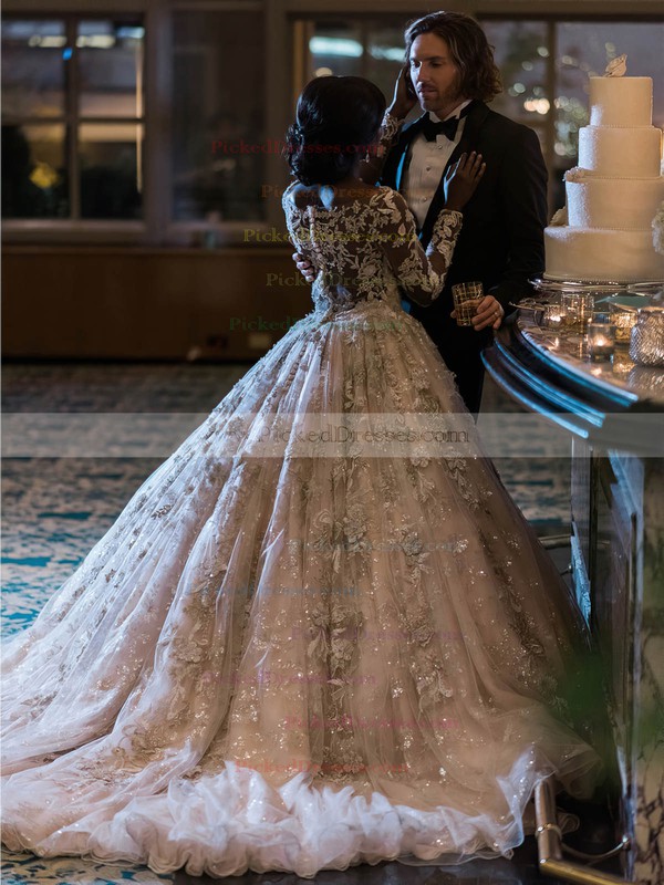 Princess Scoop Neck Tulle Beading Court Train Long Sleeve Stunning Wedding Dresses #PDS00022778