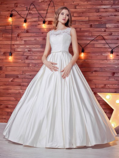 Noble Ball Gown Scoop Neck Satin Lace with Sashes / Ribbons Floor-length Wedding Dresses #PDS00022784