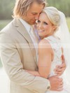 A-line V-neck Taffeta with Lace Sweep Train Open Back Wholesale Wedding Dresses #PDS00022790